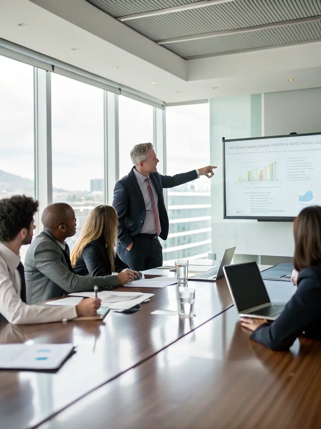 An image depicting a business coach guiding a team through a strategic planning session in a modern office setting, emphasizing collaboration and forward-thinking.