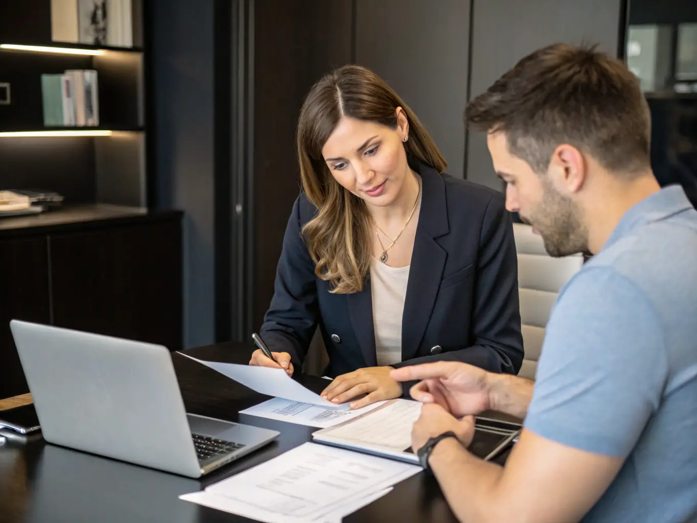 A business coach in a modern office setting, reviewing financial reports with a client, both smiling and engaged in a positive discussion about business growth strategies.